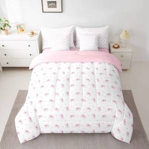 lot 13036 image: 7 Pieces Pink Cartoon Bowknot Kids Comforter Set Twin,Cute Bow Tie Knot Princess Girls Bedding Set,Geometric Dots Patchwork White Dreamy ComforterFittedSheet2 Pillowcases2 Throw Pillow Covers
