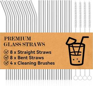 lot 13043 image: Foogwee  20 Packs Reusable Glass Straws Set, 8.5 x 10mm Clear Drinking Straws for Smoothies, Shakes, Coffee, Juice, Sodas, Milk, Tea, Cocktails, Set of 8 Straight and 8 Bent with 4 Cleaning Brushes
