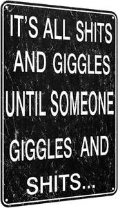 lot 13067 image: Viodenl Funny Sign ShTs and Giggles Metal Tin Sign Home Kitchen Cave Bar Wall Decor Vintage Tin Sign 8x12 Inches, as shown