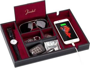 lot 13085 image: Valet Tray  6 Compartments  Bedroom Organizer with Charging Station  Perfect for Men and Women  Black PU Leather  Decorative Gift Box  RED