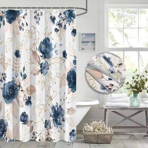 lot 13096 image: Aesthetic Blue Floral Shower Curtain Sets Watercolor Gold Flowers Leaves Bathroom Decorative 72x72 Inch Polyester Waterproof Fabric Bath Curtain with Hooks