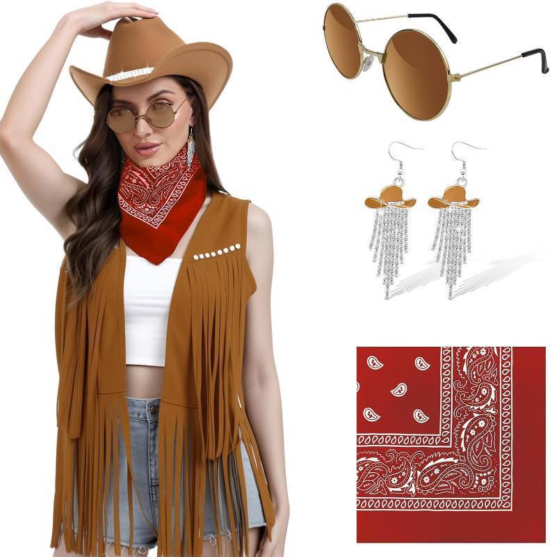 lot 7876 image: FunMular Cowgirl Outfit for Women Western Outfit Costume Accessories Cowboy Hat Fringe Vest Earring Bandana for Halloween Size Medium