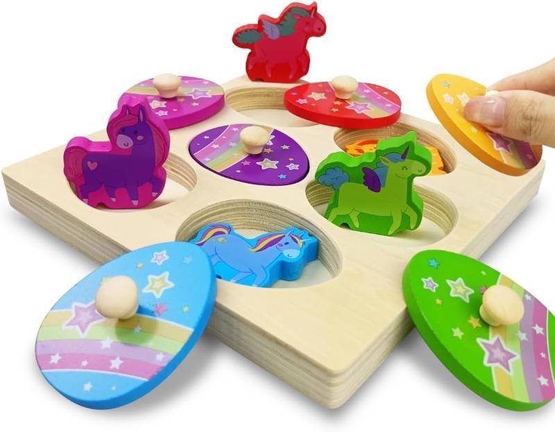 lot 7896 image: Pinkiwine Unicorn Wooden Peg Puzzles Montessori Educational Toys for Kids Toddlers Easter Basket Stuffers Gifts Unicorn Party Favors