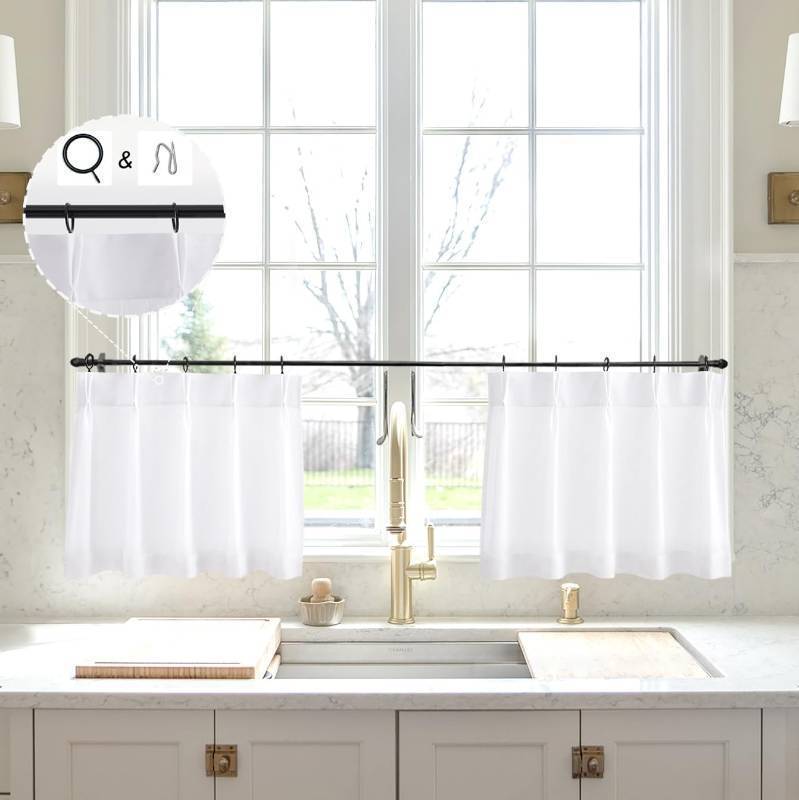 lot 4119 image: White Linen Kitchen Curtains 12 inch Length Pinch Pleat Cafe Curtains