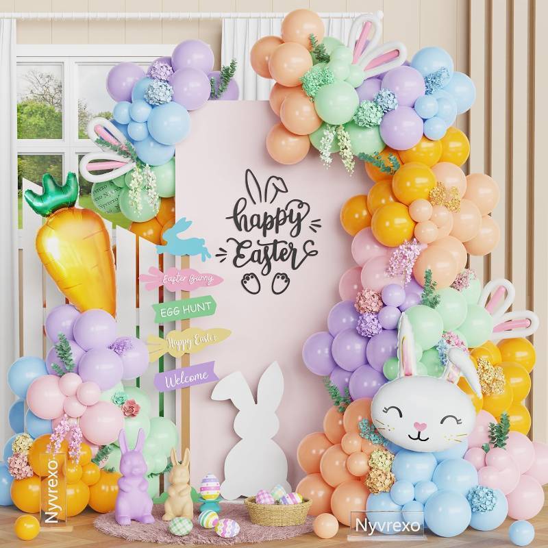 lot 4260 image: 157Pcs Easter Balloon Arch Kit, Pastel Easter Balloon Garland with Bunny Rabbit Carrots Foil Balloons for Baby Shower Party, Spring Birthday, Easter Decorations Indoor Outdoor