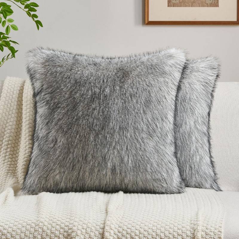 lot 7994 image: FUTEI Pack of 2 Faux Raccoon Fur Plush Throw Pillow Covers 18x18 Inch Soft Fluffy Farmhouse Decorative Cushion Case Modern Luxury Accent for Couch Bed Living Room, Beige Gray