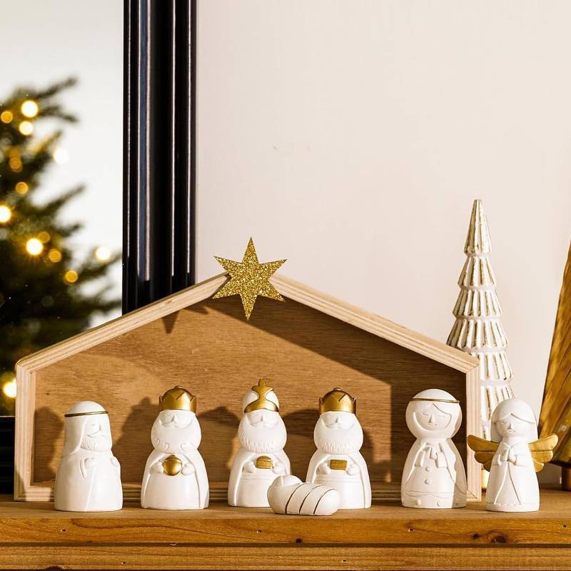 lot 8029 image: WDS WONDROUS Christmas Nativity Set-8Pcs White and Gold Mini Nativity Figures Modern Holy Family Scene, Resin and Wood Religious Collection for Kids, Xmas Table Mantle Shelf Holiday Decor