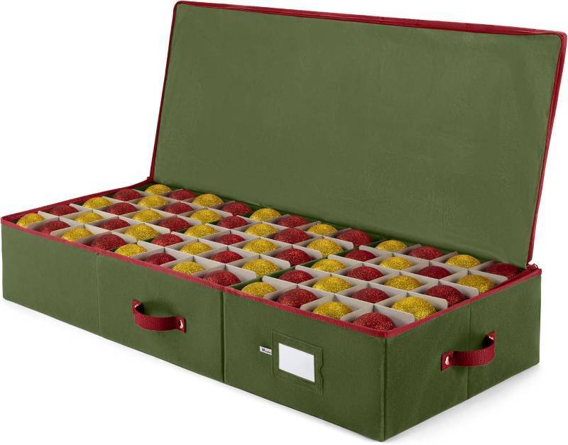 lot 8102 image: ZOBER Underbed Christmas Ornament Storage Box - Stores 120 3 Ornaments, With Dividers - Tear Proof 600D Oxford Fabric, Ornament Organizer Storage Box, Durable Christmas Containers Holder - Green