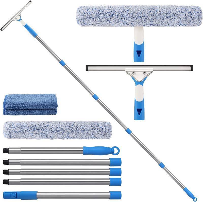 lot 8445 image: Mitclear 6.5 Feet Window Cleaning Kit with Extension Poles, Window Cleaner Tool with 14  Silicone Squeegee, 14  Microfiber Scrubber & Cloth, Window Washing Equipment for IndoorOutdoor Windows