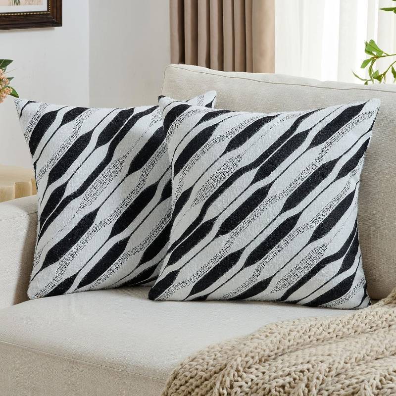 lot 8633 image: FUTEI Black White Decorative Throw Pillow Covers 18x18 Inch Set of 2,Soft Geometric Textured Faux Cashmere Cushion Case,Modern Home Decor for Couch Bed Living Room