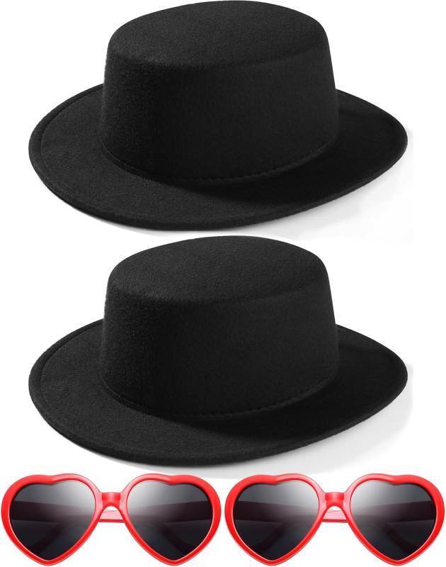 lot 8636 image: 2 PACK Fashion Classic Black Fedora Hats  Red Heart Sunglasses Costume Outfit - Flat Wide Brim Church Cap Jazz Hat,for Kids Girls