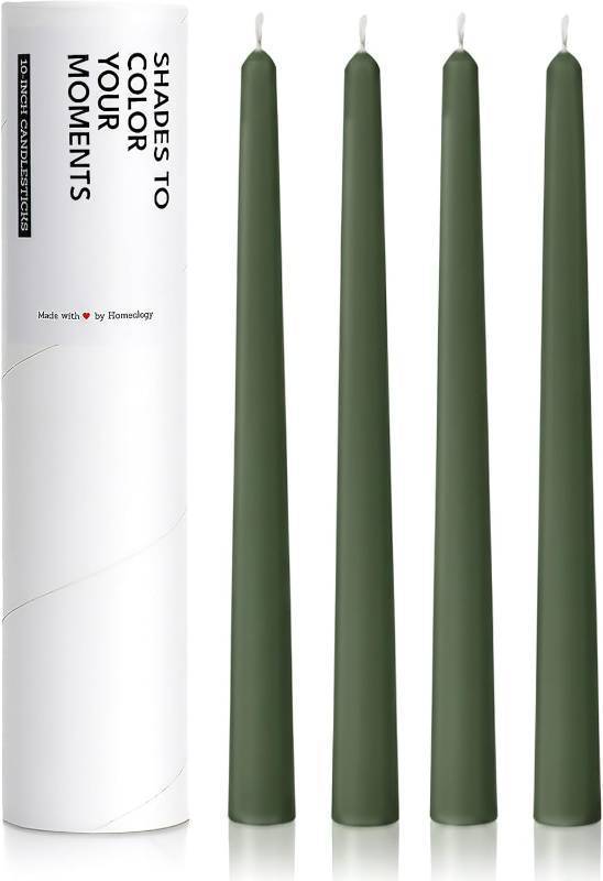 lot 8657 image: 10 Classic Taper Candles, Dark Moss Green, 4-Pack, 7-8 Hours Long Burning, Unscented Tall Candlesticks