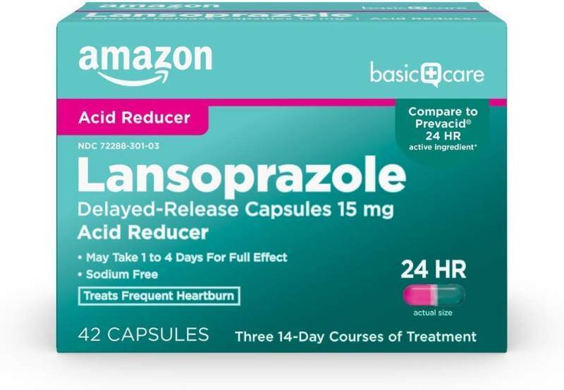 lot 8222 image: Amazon Basic Care Lansoprazole Delayed Release Capsules, 15 mg, Proton Pump Inhibitor, Acid Reducer, 24 Hour Heartburn Medicine, 42 Count Pack