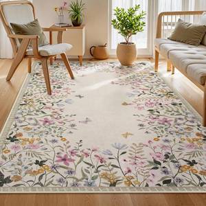 lot 13449 image: Wonnitar Washable 5x7 Rug for Living Room, Floral Print Large Bedroom Area Rug, Non-Slip Dining Table Throw Mat, Botanical Area Rug Carpet for Entry Basement Dorm (BLUE,5x7)