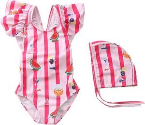 lot 13453 image: FreeLu Toddler Baby Girl Cross-Back Swimsuit One Piece Flounce Swimwear Summer Bathing Suit with Hat Size XL