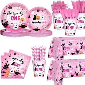 lot 13560 image: AIBIIN 194Pcs Spooky One Birthday Decorations Pink Halloween 1st Birthday Plates, Cup, Napkin, Tablecloth, Tableware, Halloween Decorations Girl Party Supplies Serve 24 Guests