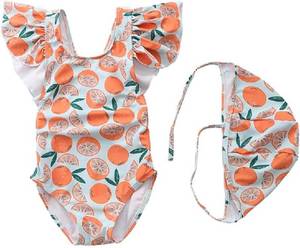 lot 13460 image: FreeLu Toddler Baby Girl Cross-Back Swimsuit One Piece Flounce Swimwear Summer Bathing Suit with Hat Size XL