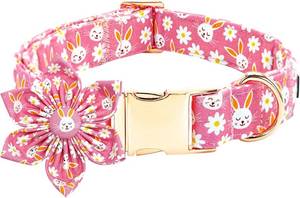 lot 13520 image: Easter Dog Collar-Pink Rabbit Print Adjustable Cute Pet Collar Soft Pink Flower Dog Collars with Flower Holiday Cotton Metal Buckle Puppy Collar Gift for Medium Dogs