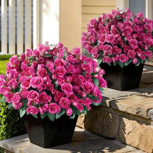 lot 13526 image: 8 Bundles Artificial Rose for Front Door Outdoor Decor, Realistic Fake Silk Bouquets Flowers Faux UV Resistant Real Looking Rose Plants for Garden Balcony Farmhouse Home Spring Summer Decor (Rose Red)