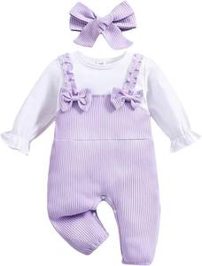 lot 38356 image: QITUDATEY Newborn Baby Girl Clothes Romper, Long Sleeve Cute One Piece Knit Jumpsuit Infant Outfits with Bow Headband SIZE 2