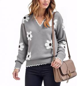 lot 38507 image: Cute Fall Flower Sweaters for Women, Casual Long Sleeve Pullover V Neck Lightweight Crochet Chunky Knit Pullover Jumper Tops, XL