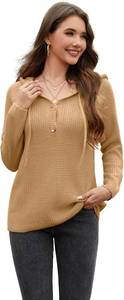 lot 38510 image: Sixstar Women Waffle Knit Fall Sweatshirt Long Sleeve V Neck Lightweight Soft Sweater Casual Pullover Tops Apricot Medium