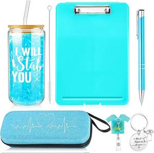 lot 38543 image: Fullhawl 6 Pcs Nurse Gifts Nurse Appreciation Gift Set for Nurses Week Nursing Graduation Birthday Gift Include Glass Coffee Cup Stethoscope Case Ballpoint Pen Badge Reel Clipboard and So on - BLACK