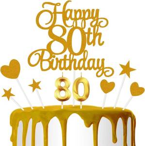 lot 38590 image: 80th Birthday Cake Decoration, 80th Birthday Candle Golden Number Candle Happy Cake Toppers Anniversary Party Celebration Dessert Decoration