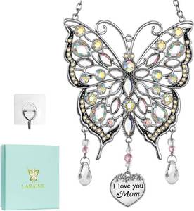 lot 38592 image: LARAINE Butterfly Rhinestones Hanging Ornaments Charm Mom Mothers Day Butterfly Wind Chime Ornament Charm with Metal Heart Gifts for Mom Grandma Aunt Birthday (Silver)