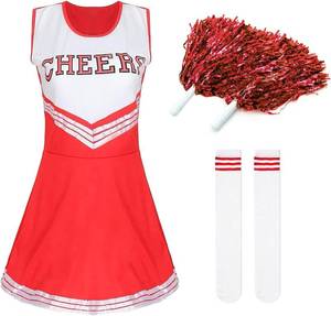 lot 38786 image: Womens Cheerleader Costume Outfit Cheer Dress with Pom Poms & Retro Striped Socks for Halloween Sports Events Theme Parties Size Small