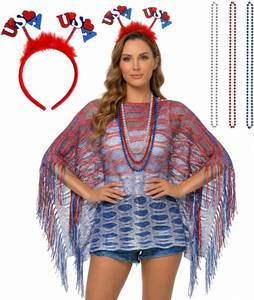 lot 38837 image: 250 Anniversary USA Costumes Patriotic 4th of July Outfits for Women Set Red White and Blue Accessories with Cape Headband Beaded Necklaces