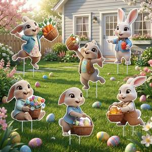 lot 38844 image: Easter Yard Signs with Stakes, 6 Pcs Outdoor Bunny Decorations, Waterproof Spring Lawn Decor for Yard, Porch, Patio, Egg Hunt Events