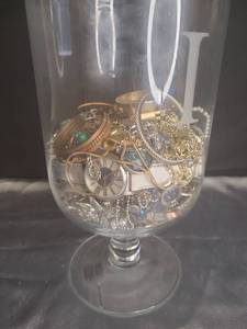 lot 108 image: Mixed Costume Jewelry Collection in Glass Hurricane Vase