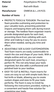 Tool Box/Camera Bag Foam Organizer Inserts - Red and Black Polyethylene -2 sheets per lot