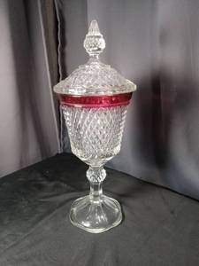 lot 4924 image: Crystal Cut Glass Covered Compote with Red Flash Rim