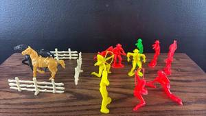 lot 5455 image: Plastic Western Cowboys and Indians Toy Figures with Horse and Fence Set