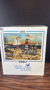 lot 5475 image: Ceaco Jane Wooster Scott 550 Piece Lighthouse Harbor Scene Jigsaw Puzzle