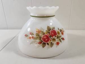 White Glass Hurricane Lamp Shade with Floral Pattern and Scalloped Edge