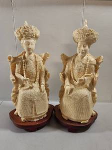 lot 87 image: Hand Carved Ivory Colored Chinese Emperor and Empress Figurines Set Highly Detailed 12 Tall
