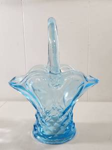 lot 132 image: Blue Glass Basket with Handle and Diamond Cut Pattern