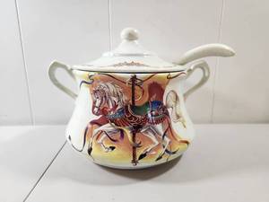 lot 136 image: Decorative Porcelain Soup Tureen with Carousel Horse Design