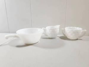 lot 154 image: Anchor Hocking White Milk Glass Tea Set with Cups and Handled Bowl