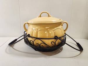 lot 161 image: Celebrating Home Stoneware Covered Soup Tureen with Iron Carrying Basket