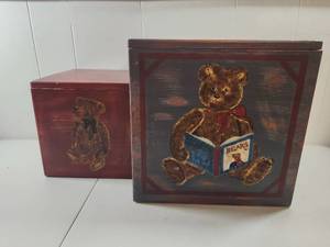 lot 197 image: Teddy Bear Wooden Storage Boxes Set