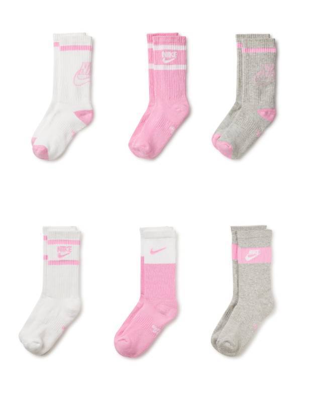 lot 4608 image: Nike Unisex Kids Everyday Cushioned Crew Socks (6 Pairs), WhitePinkGrey, Medium - Retail $22