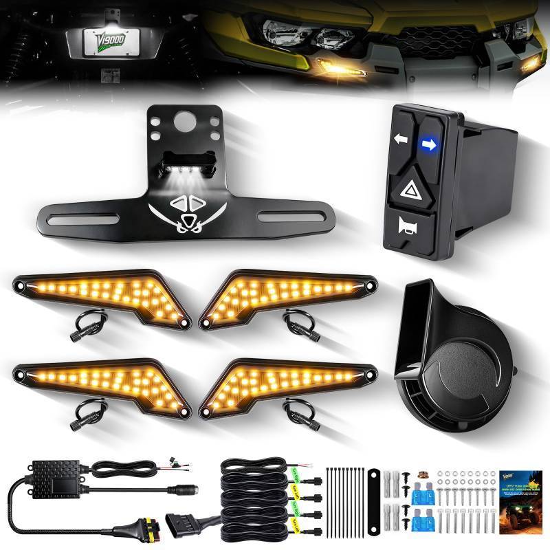 lot 1300 image: VI9000 UTV Turn Signal Kit with 110D Horn, License Plate Holder wLight, Universal UTVATV Blinker kit with Integrated Rocker Switch, Pre-Wired, Plug & Play Compatible with Polaris, Can-Am, CFMOTO - Retail $120
