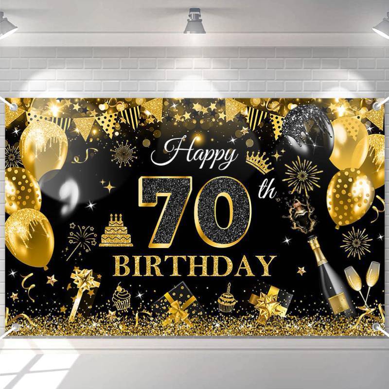 lot 1353 image: Avezano Happy 70th Birthday Banner for Men Black and Rose Gold Glitter Balloon 70 Birthday Party Backdrop 70 Year Old Bday Photo Backdrop Party Supplies 70.8 x 43.3 Inch&nbsp