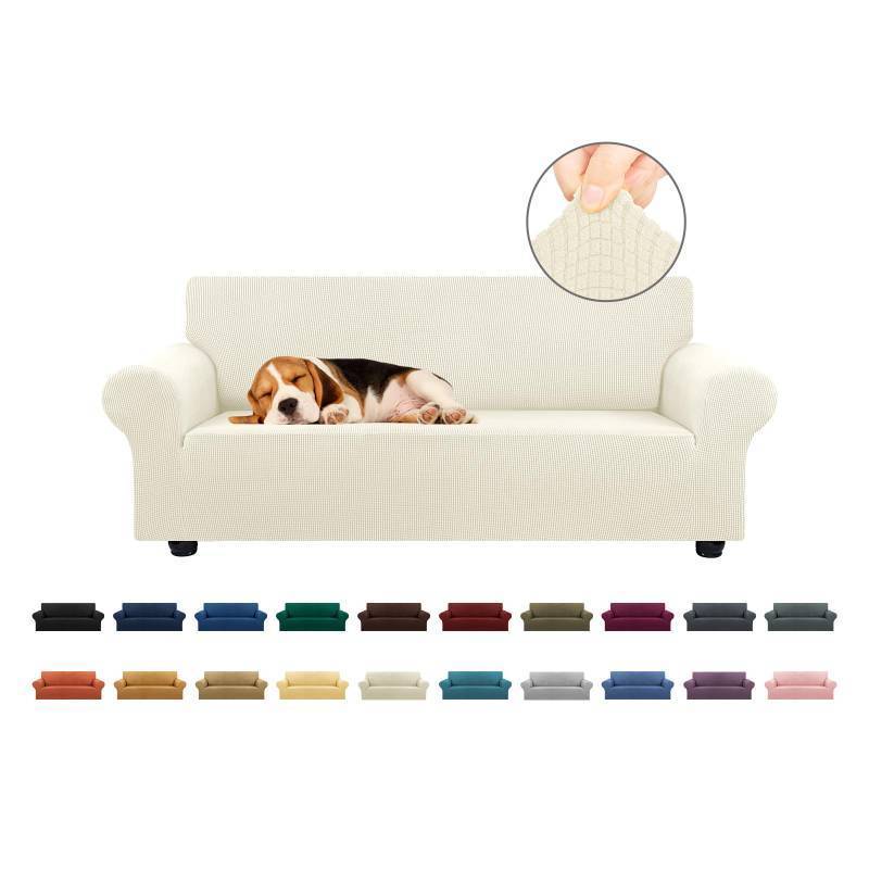 lot 1377 image: KEKUOU Stretch Loveseat Sofa Cover Slipcover,Couch Covers for 2 Cushion Couch Sofa (55-78) Furniture Protector Sofa with Elastic Bottom for Kids,Dog. Jacquard Small Checked(Medium,Beige) - Retail $37