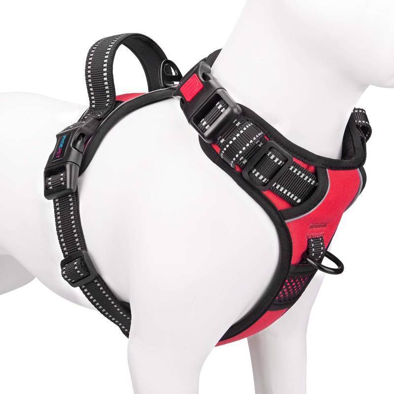 lot 1423 image: PHOEPET No Pull Dog Harness Medium Reflective Front Clip Vest with Handle,Adjustable 2 Metal Rings 3 BucklesEasy to Put on & Take Off(M, Red) - Retail $21