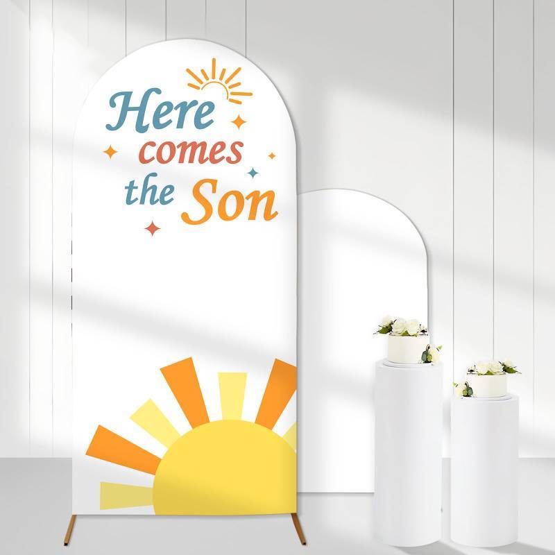 lot 1451 image: Cheerupp Here Comes The Son Arch Backdrop Covers, 6 Ft Boho Sunrise Stretchy Arch Backdrop Stand Cover, Photography Background Arch Stand Cover for Baby Shower Gender Reveal Party Decor - Retail $23